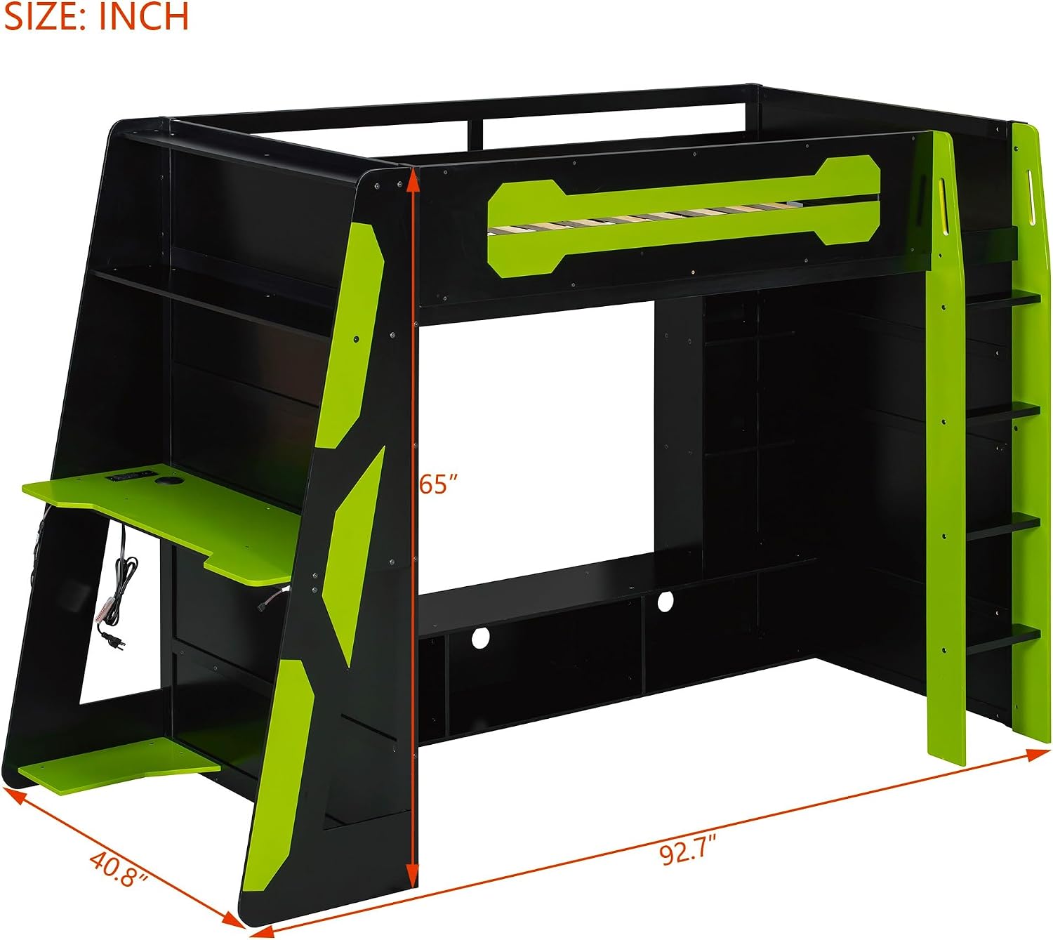 Bellemave Gaming Loft Bed with Desk and Lights, Twin Loft Bed with Storage Shelves and Work Station, Wood Loft Bed Frame for Kids, Boys, Girls, Teens, No Spring Box Needed & Dedicated Style, Green