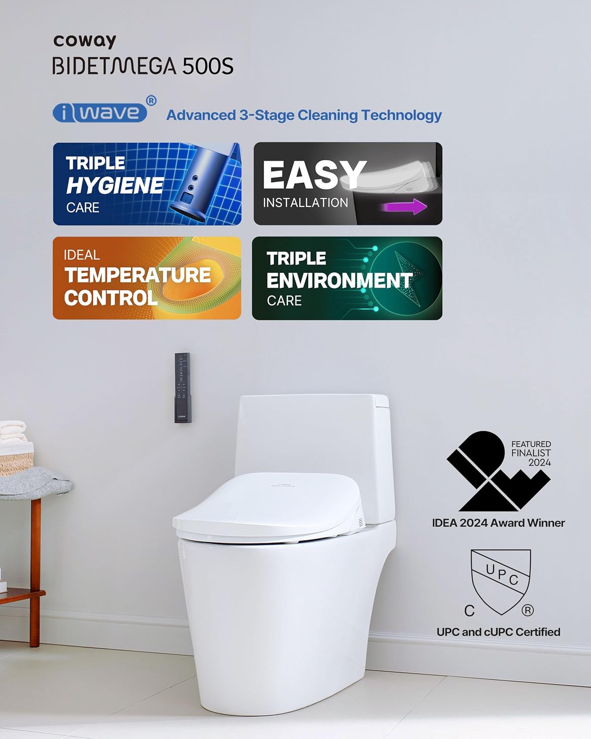 COWAY Bidetmega 500S Electronic Bidet Toilet Seat with Instantaneous Water Heating, Heated Seat and Dryer, Auto Open and Close Lid, Night Light, Deodorizer, Stainless Nozzle, Remote Control, Elongated