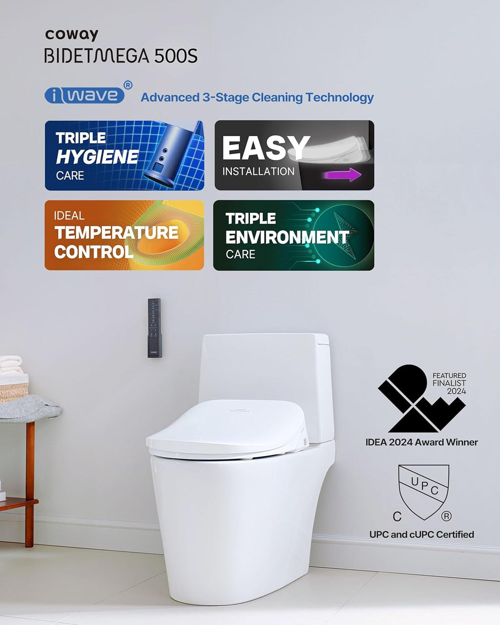 COWAY Bidetmega 500S Electronic Bidet Toilet Seat with Instantaneous Water Heating, Heated Seat and Dryer, Auto Open and Close Lid, Night Light, Deodorizer, Stainless Nozzle, Remote Control, Round
