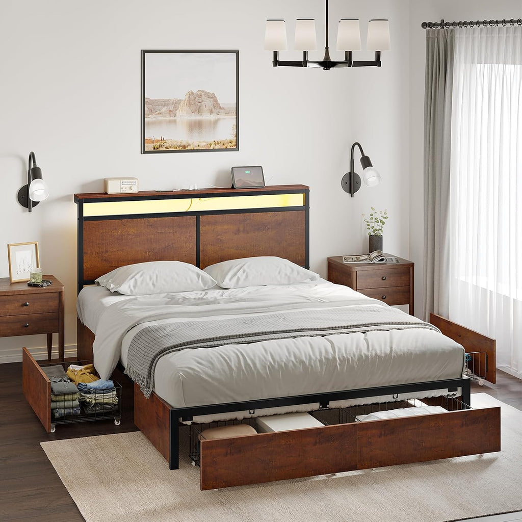 HAUSOURCE Queen Bed Frame with 4 Storage Drawers Metal Platform Bed Frame Queen Size with Headboard Charging Station LED Lights Non-Slip Without Noise No Box Spring Needed