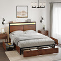 HAUSOURCE Queen Bed Frame with 4 Storage Drawers Metal Platform Bed Frame Queen Size with Headboard Charging Station LED Lights Non-Slip Without Noise No Box Spring Needed