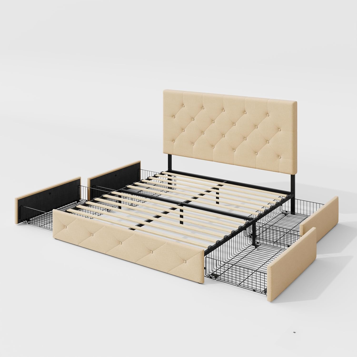 Allewie Upholstered Full Size Platform Bed Frame with 4 Storage Drawers and Headboard, Diamond Stitched Button Tufted, Mattress Foundation with Wooden Slats Support, No Box Spring Needed, Beige
