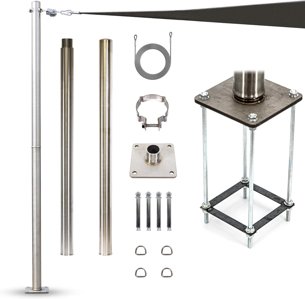 Amgo 8ft Pole Stainless Steel, Heavy Duty with Base Plate & Height Adjustable Mounting Clamp T - Easy Installation Shade Sail Canopy Post, Fence Post, Flagpole, Sign Post - Outdoor, Garden, Backyard