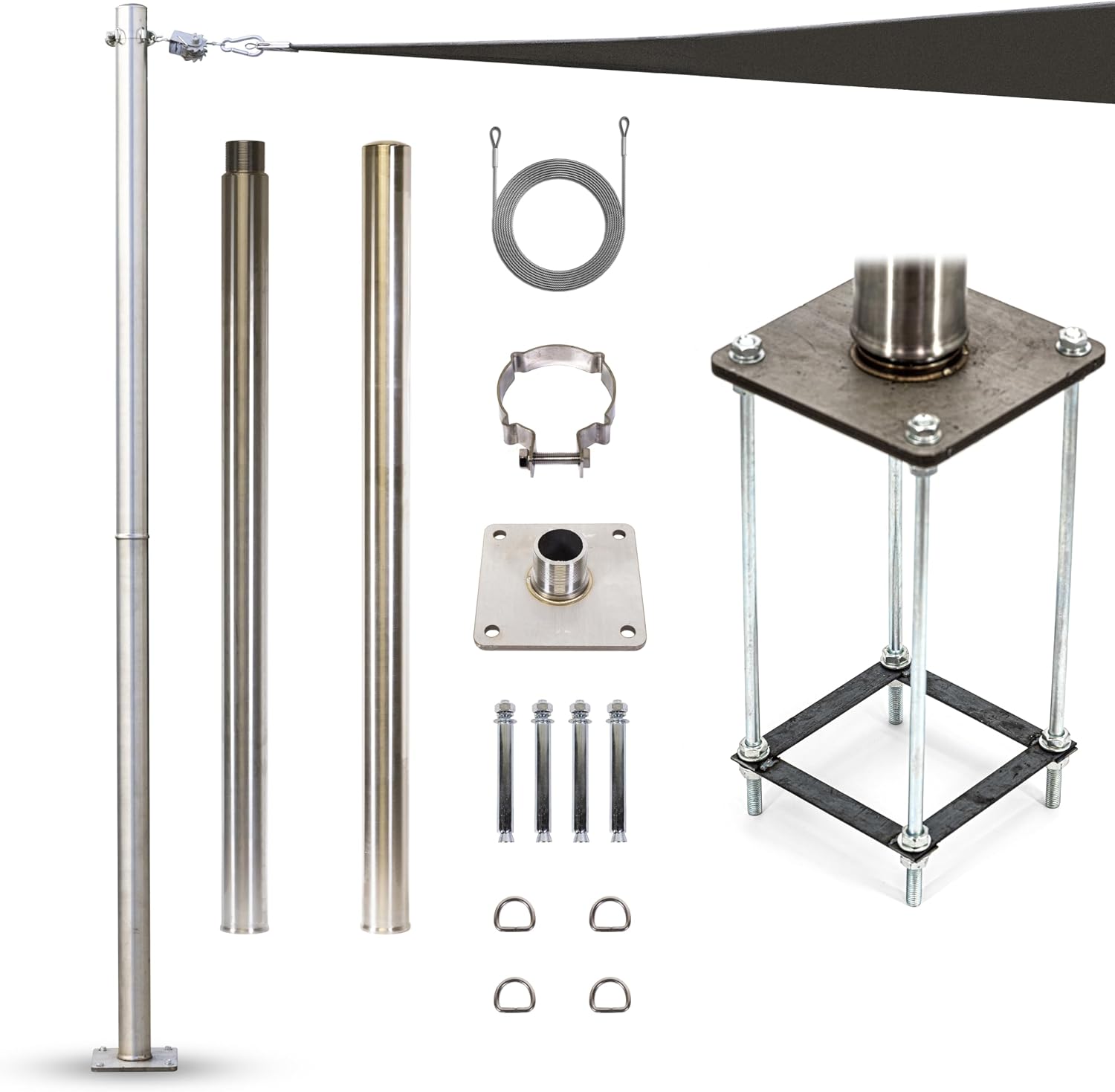 Amgo 8ft Pole Stainless Steel, Heavy Duty with Base Plate & Height Adjustable Mounting Clamp T - Easy Installation Shade Sail Canopy Post, Fence Post, Flagpole, Sign Post - Outdoor, Garden, Backyard