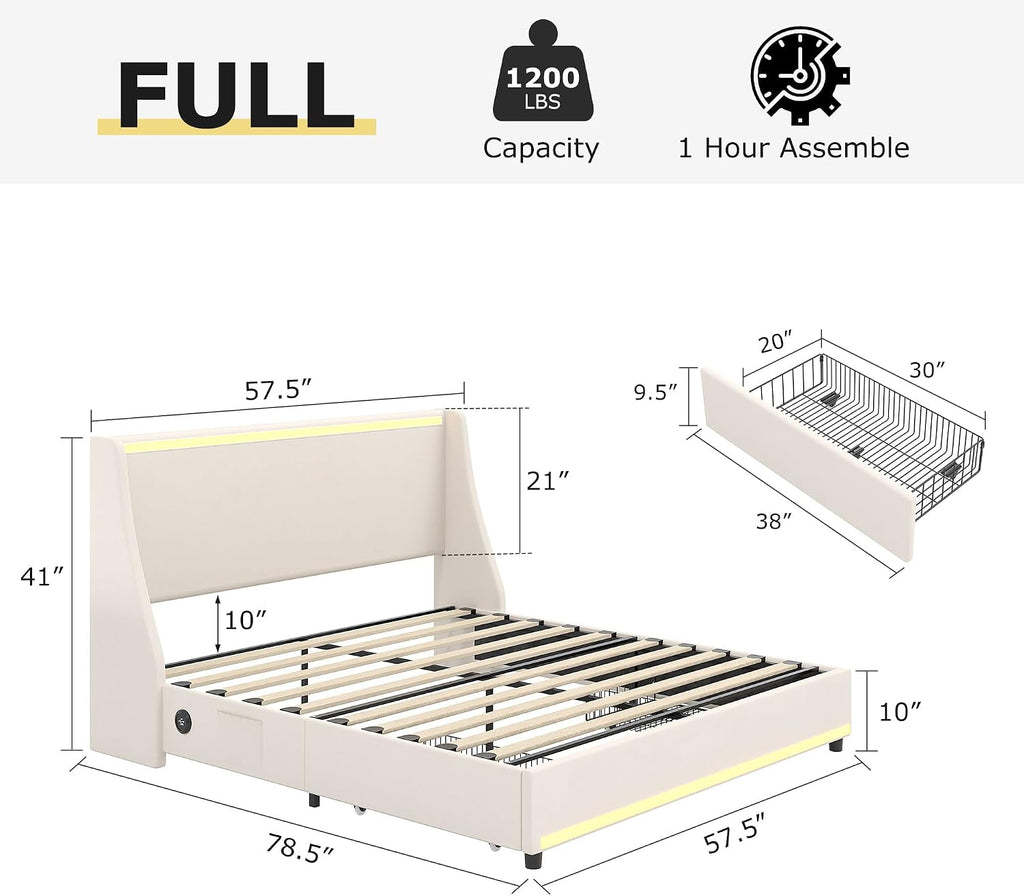 VECELO Full Size Bed Frame with Storage Drawers, Upholstered Platform Bedframe with Wingback Headboard, No Box Spring Needed, Beige