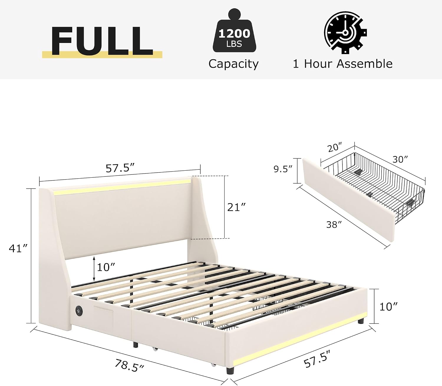 VECELO Full Size Bed Frame with Storage Drawers, Upholstered Platform Bedframe with Wingback Headboard, No Box Spring Needed, Beige