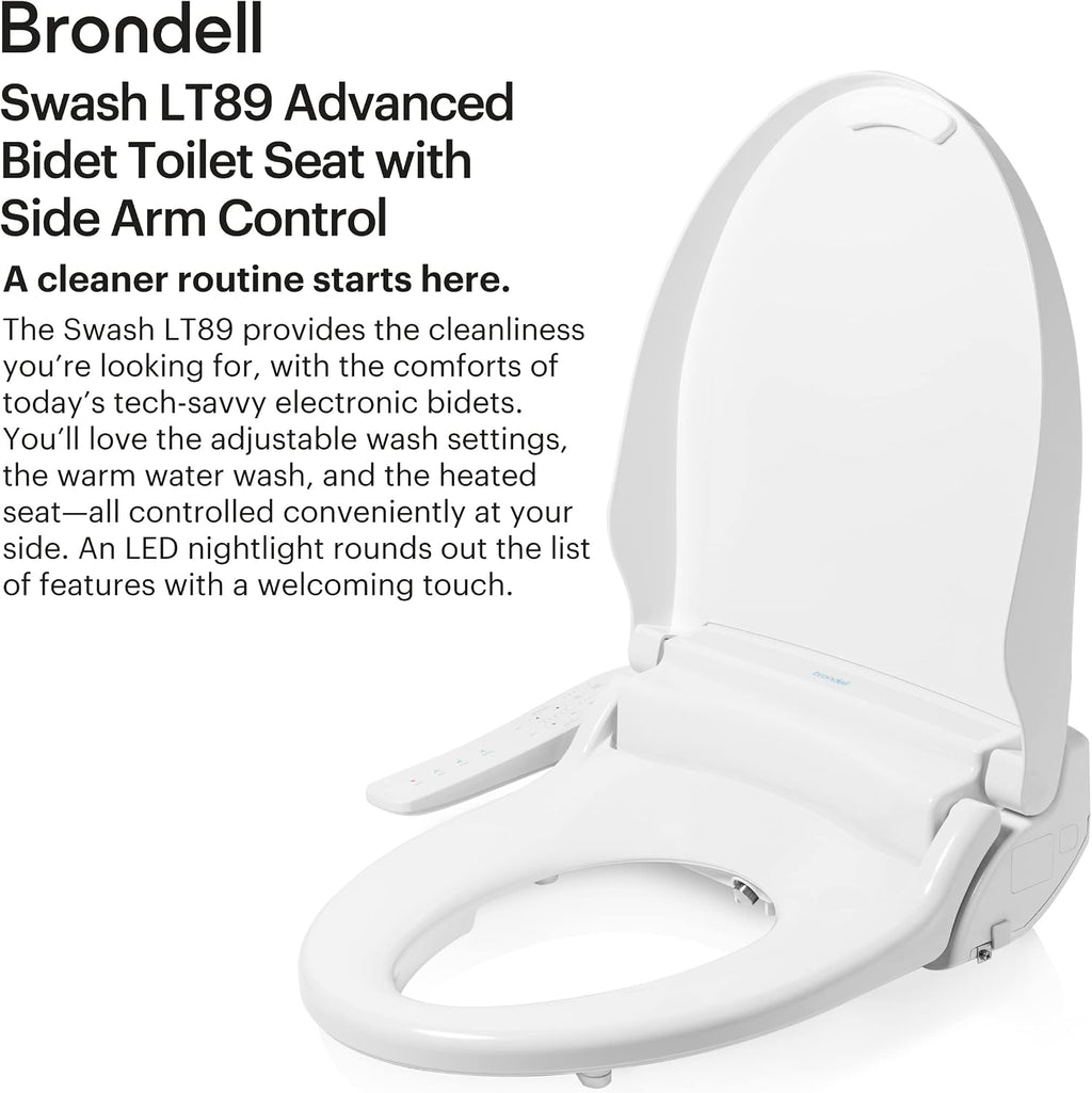 Brondell LT89 Electric Bidet Toilet Seat, Fits Elongated Toilets, White – Side Arm Control, Warm Water Wash, Strong Wash Mode, Stainless-Steel Nozzle, Nightlight and Easy Installation