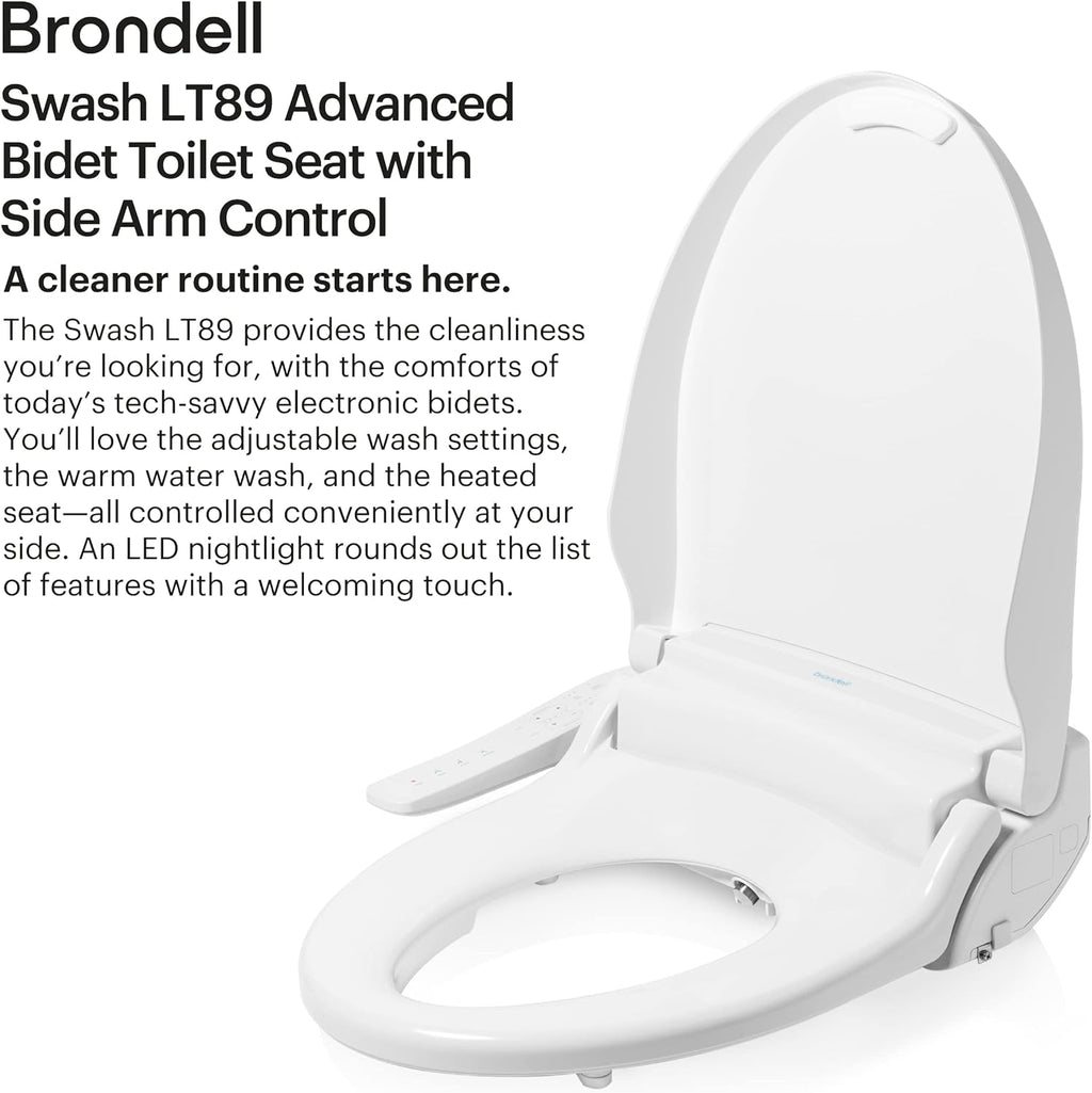 Brondell LT89 Electric Bidet Toilet Seat, Fits Round Toilets, White – Side Arm Control, Warm Water Wash, Strong Wash Mode, Stainless-Steel Nozzle, Nightlight and Easy Installation