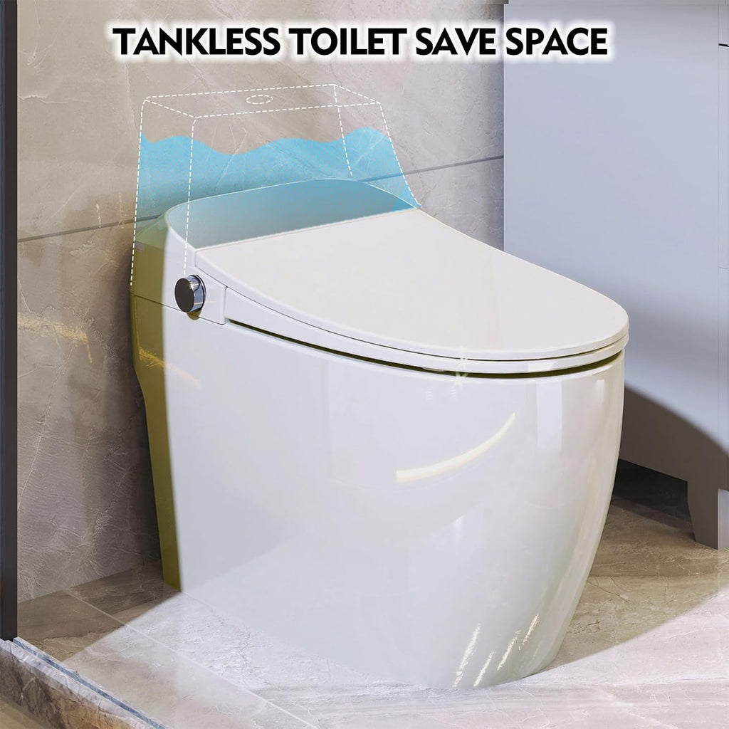 Heated Seat Smart Toilet, One Piece Tankless Automatic Flush Toilet with Foot Sensor, White Night Light, Knob Control, Power Outage Flush, Soft Close Lid, White