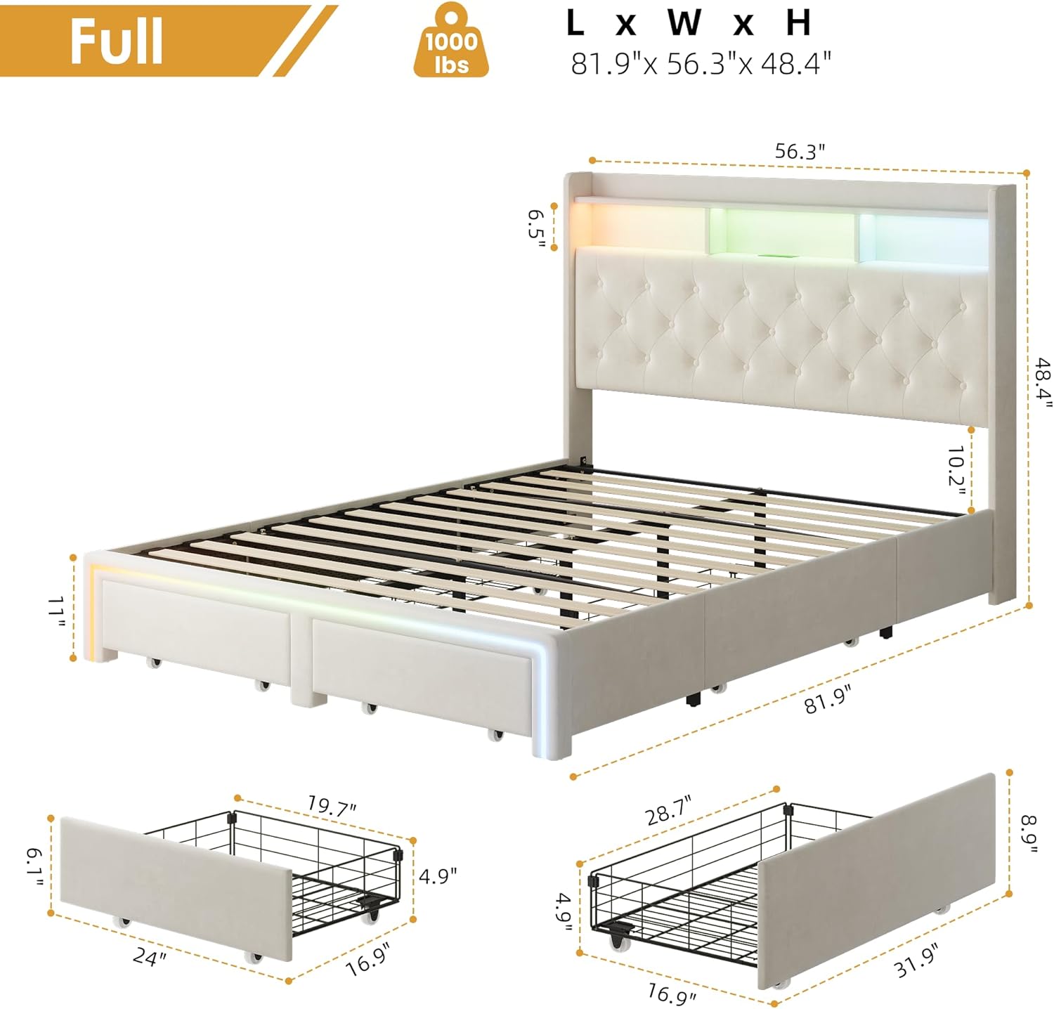 Full LED Bed Frame with Storage Headboard & Charging Station, Velvet Fabric Platform Bed Frames with 4 Drawers, Button Tufted Upholstered, No Box Spring Needed, Noise Free, Beige