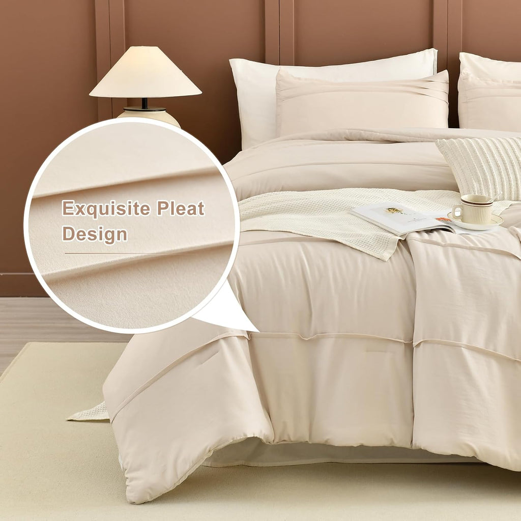 Masaca Oversized King Comforter 128'x120',Solid Color Pinch Pleated Extra Large King Comforter Set,3 Pieces Soft Textured Wheat Bedding Comforter Set Ultra Soft