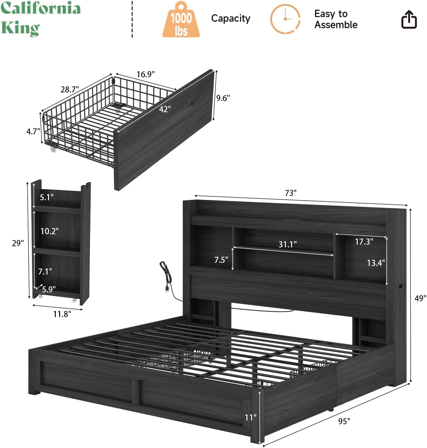 AMERLIFE California King Size Bed Frame with 4 Storage Drawers, LED Bed Frame with 49.6' Tall Bookcase Headboard, Wood Platform Bed with Charging Station & 2 Slide Bedside Shelf, Black