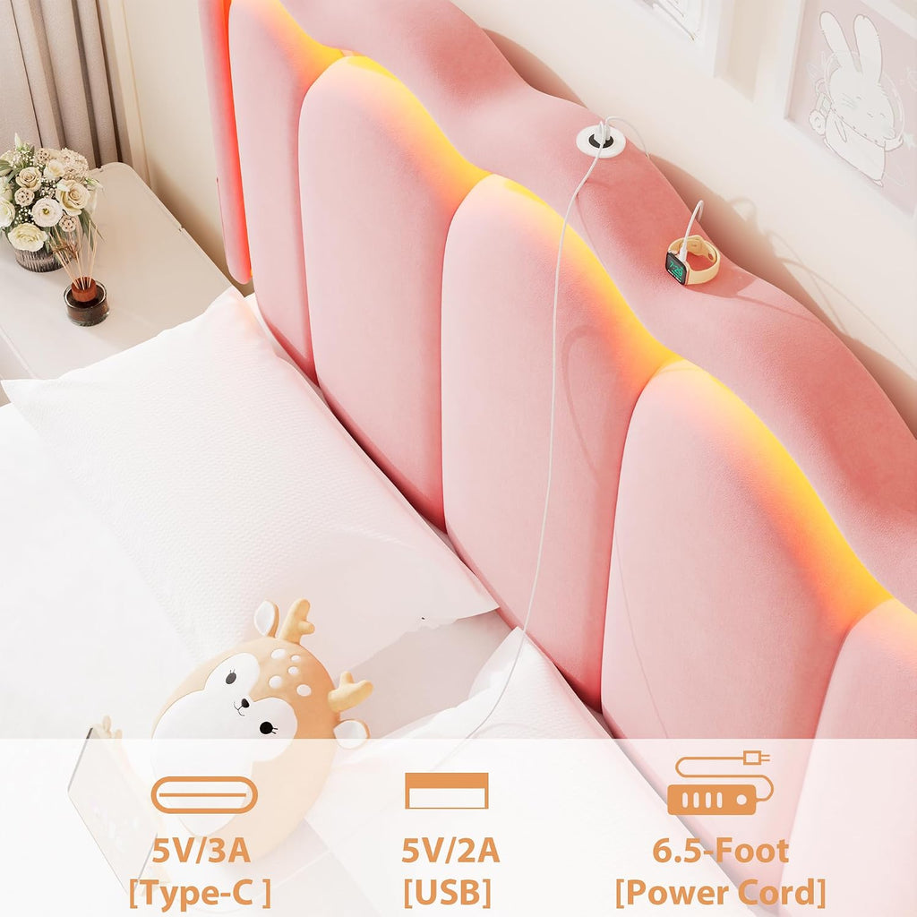 Full Upholstered LED Bed Frame with 2 Storage Drawers and Adjustable Chic Double Wavy Headboard, Velvet Princess Platform Bed with Charing Station, Solid Wood Slats Support,No Box Spring Needed, Pink