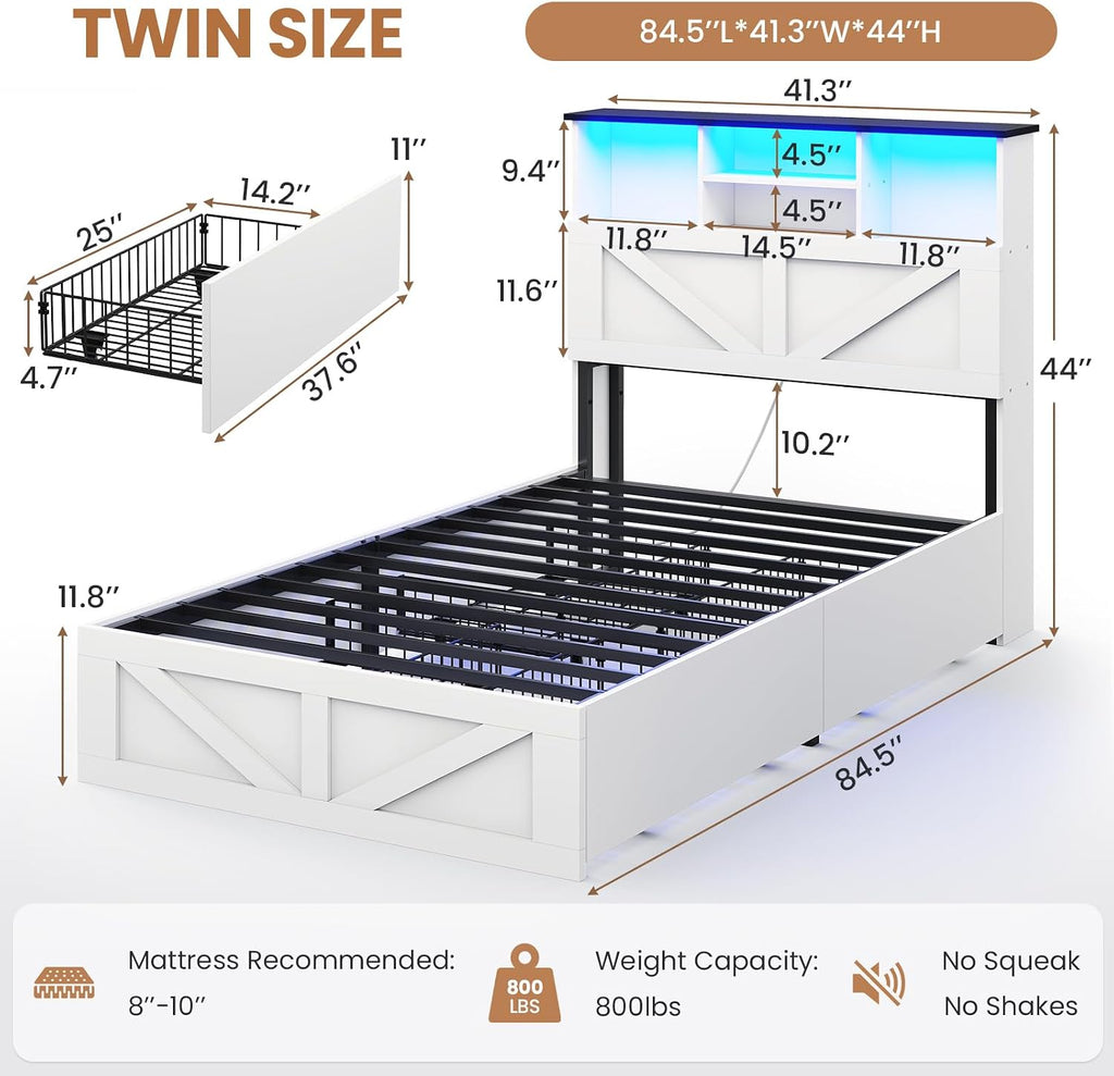 VIAGDO Farmhouse Bed Frame Twin Size with Bookcase Storage Headboard, Charging Station and LED Lights, Wooden Twin Bed Frames with 4 Drawers, Barn Door Design, No Box Spring Needed, No Noise, White