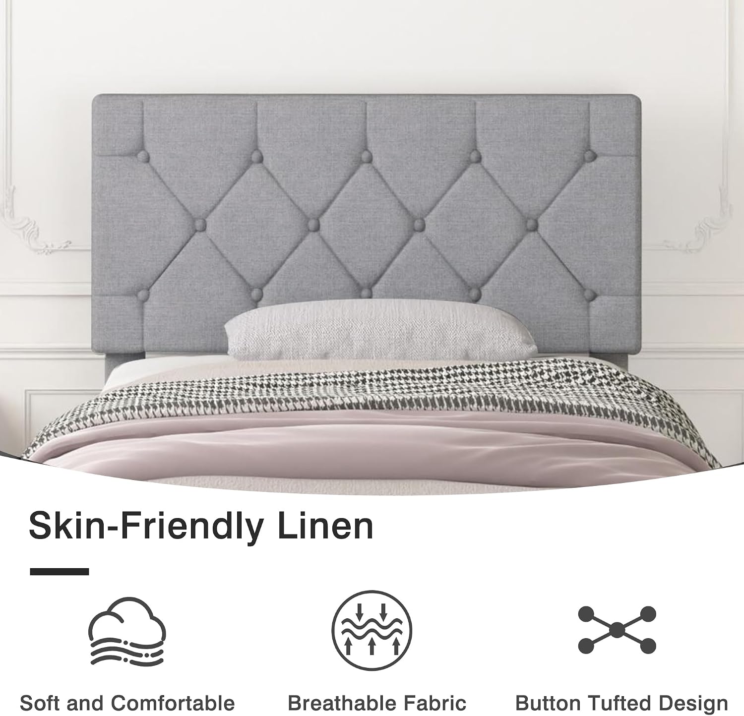 VECELO Twin Bed Frame with Button Tufted Headboard, Upholstered Platform with Wooden Slat Support, No Box Spring Needed, Linen Grey