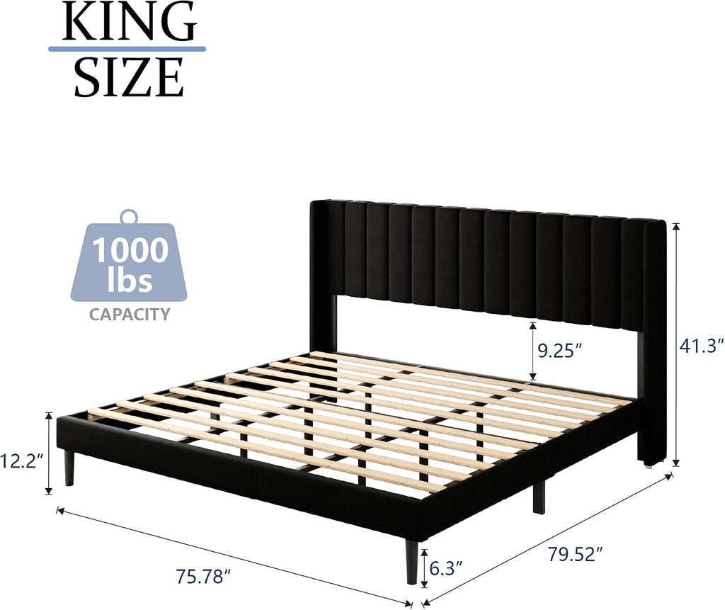Gruwans King Size Bed Frame with Wingback Headboard, Upholstered Platform Bed, No Box Spring Needed, Sturdy Wooden Slat Support, Easy Assembly, Black