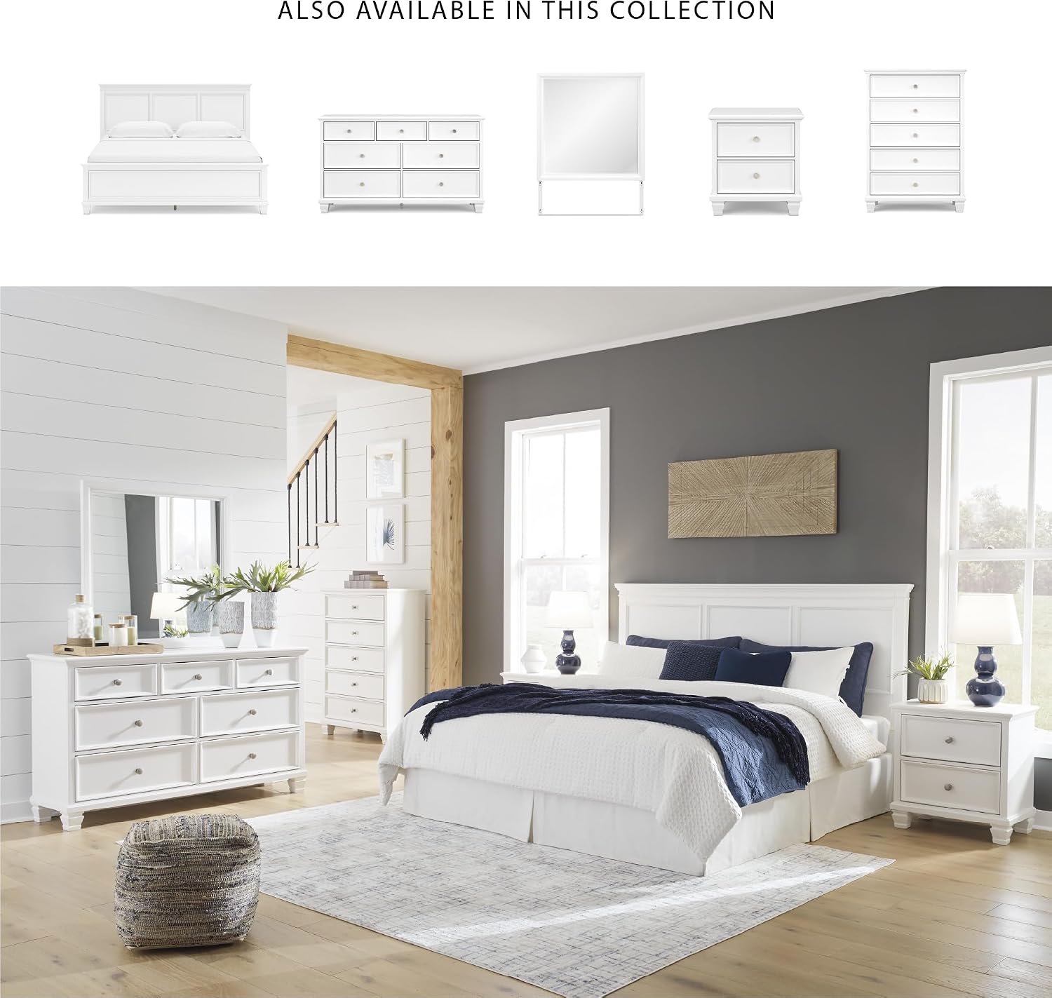 Signature Design by Ashley Fortman Transitional King Panel Bed with Tapered Feet, Foundation or Box Spring Needed, White