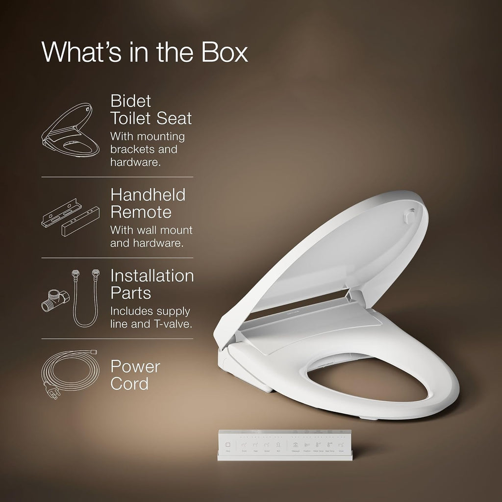 Kohler K-28821 PureWash E930 Elongated Bidet Toilet Seat with Remote Control, Quick Release, Quiet-Close Bidet Seat, Warm Water, Heated - White