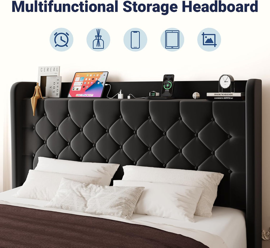 Allewie King Size Bed Frame, Storage Headboard with Charging Station, Wingback Velvet Upholstered, Diamond Stitched Button Tufted, Sturdy Wooden Slats, No Box Spring Needed, Easy Assembly, Black