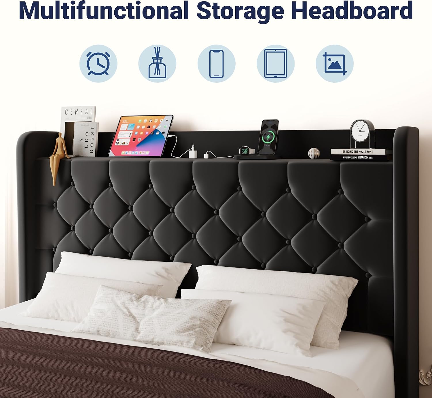Allewie King Size Bed Frame, Storage Headboard with Charging Station, Wingback Velvet Upholstered, Diamond Stitched Button Tufted, Sturdy Wooden Slats, No Box Spring Needed, Easy Assembly, Black