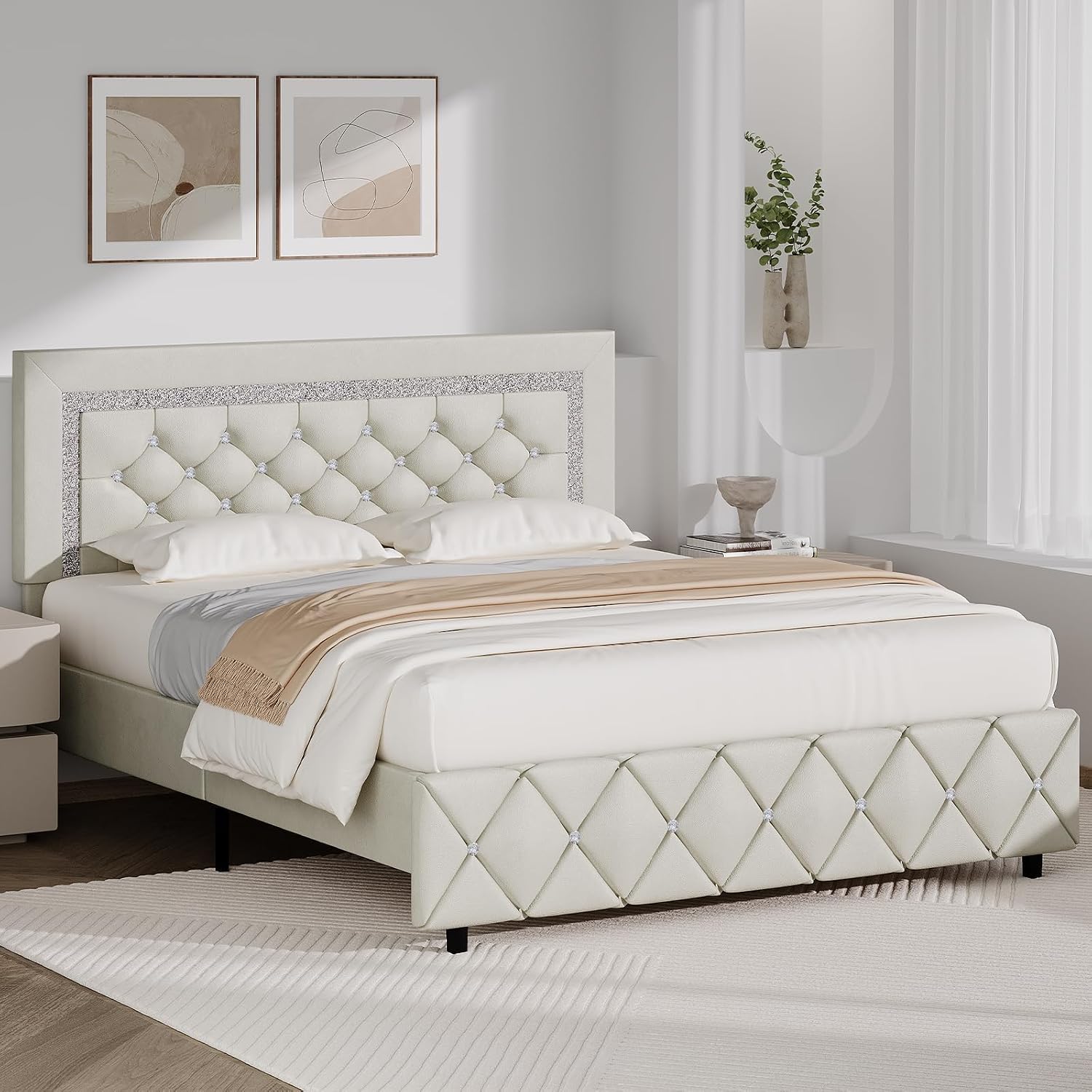 BarnFurin Full Bed Frame with Diamond Tufted Headboard, Faux Leather Upholstered Bed with Wooden Slats Support, No Box Spring Needed, Mattress Foundation, Easy Assembly, Cream