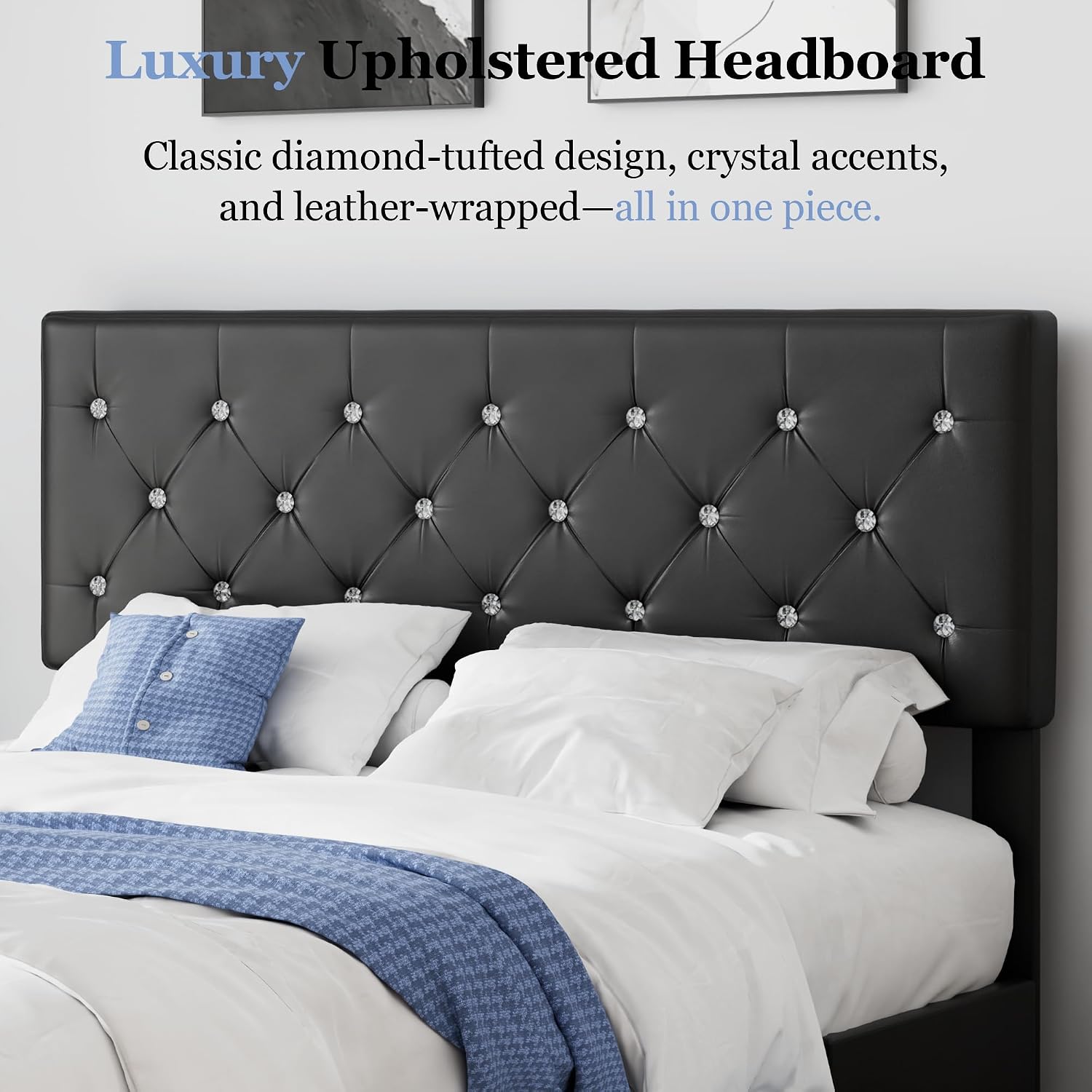 VECELO Queen Size Bed Frame with 3 Storage Drawers, Leather Upholstered with Diamond Tufted Headboard, Solid Wood Slat Support & Steel Framework, PU & Black