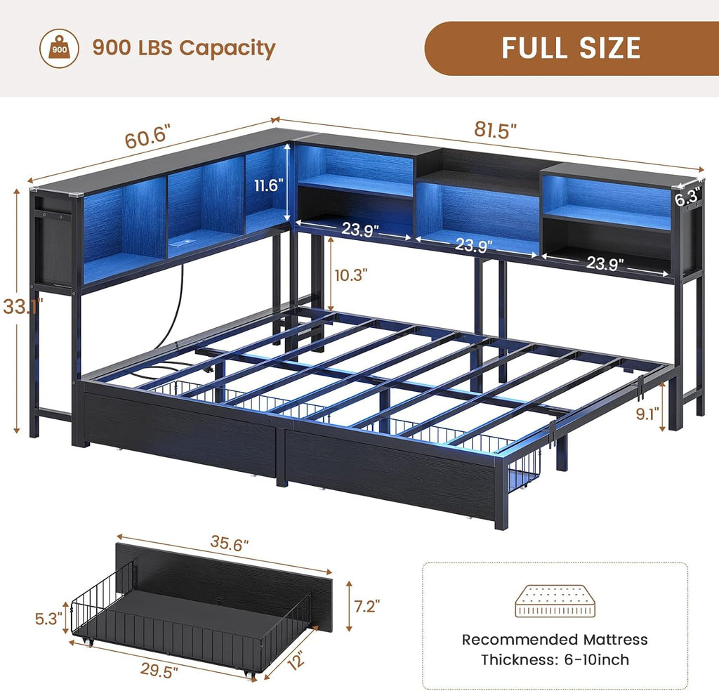 Hasuit Corner Bed Frame Full with 2 Drawers and Storage Bookcase, Daybed with Charging Station and LED Lights, Metal Platform Bed with Bookshleves, Full Size Bed Frame for Kids Teens Guests, Black