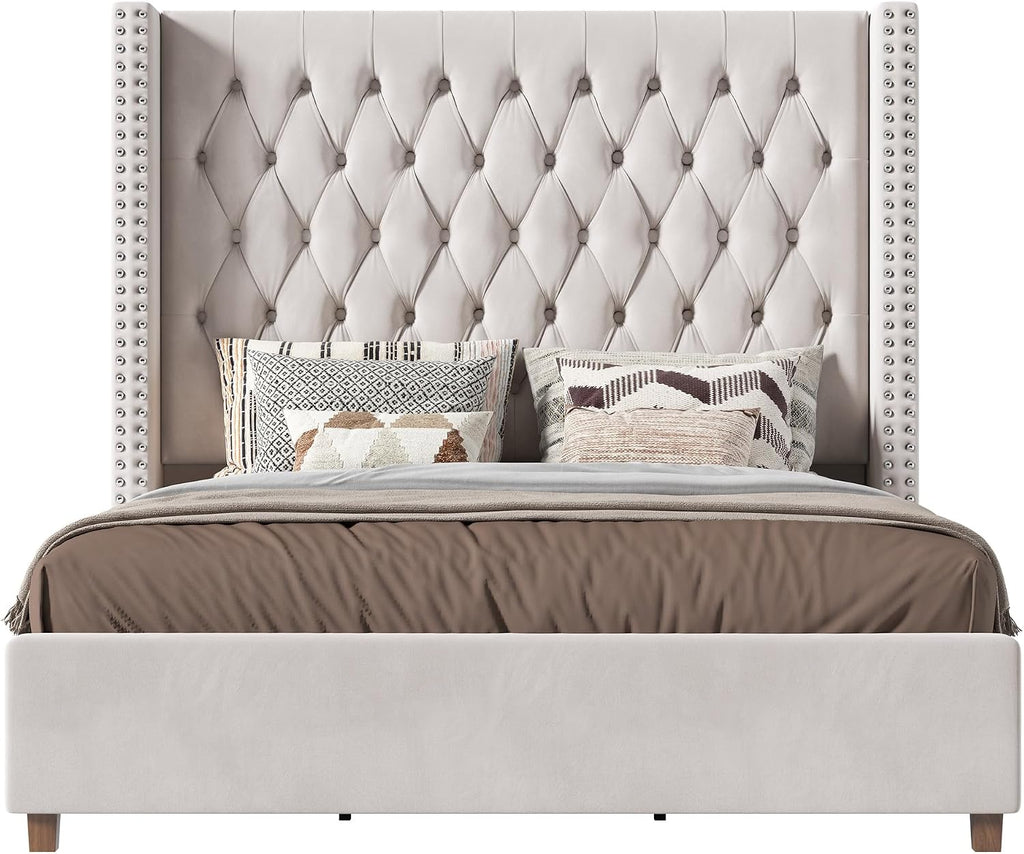 PaPaJet King Size Bed Frame with 61.4' Tall Headboard, Velvet Upholstered Platform and Handmade Deep Button Tufting, No Box Spring Required, Cream