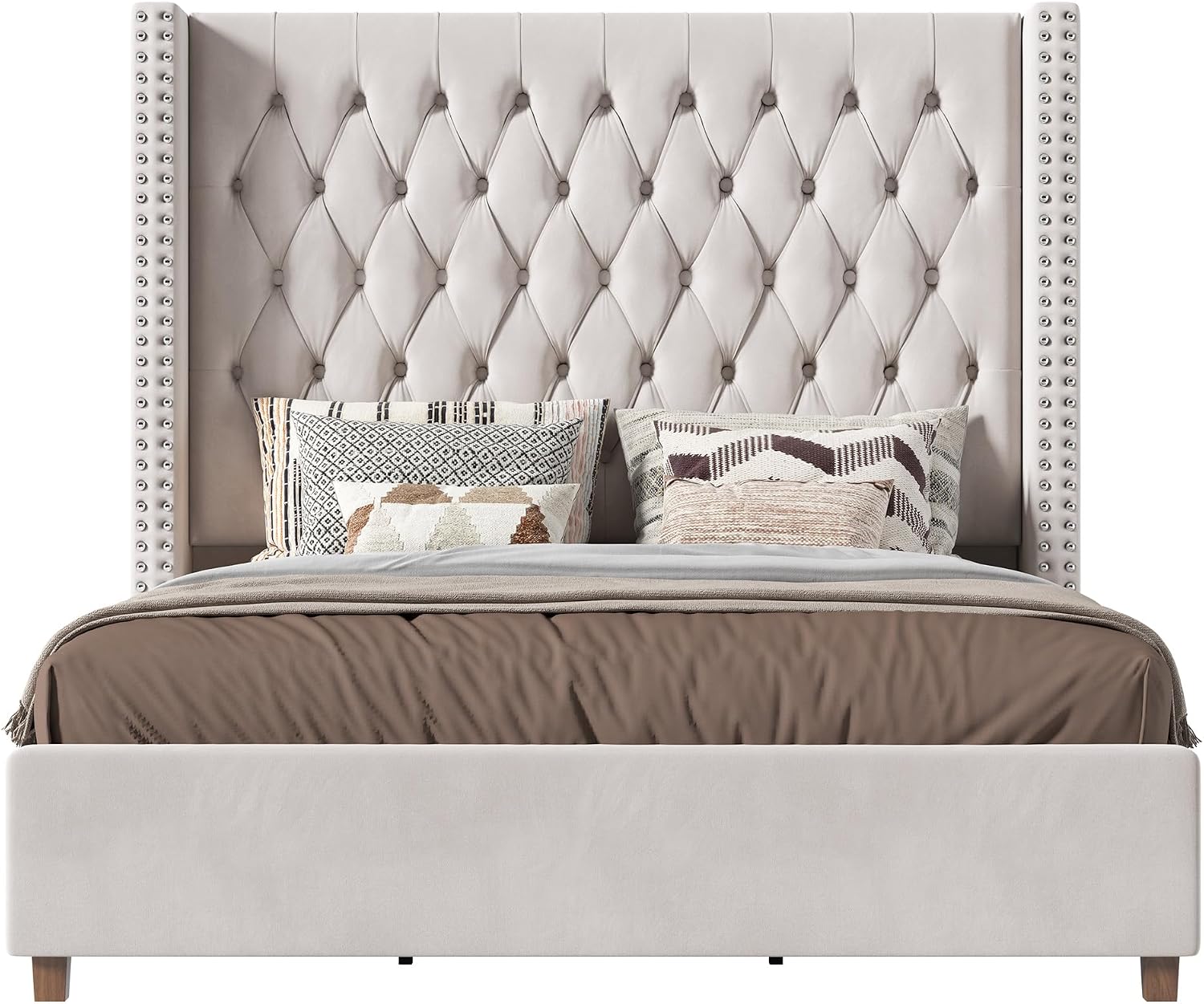 PaPaJet King Size Bed Frame with 61.4' Tall Headboard, Velvet Upholstered Platform and Handmade Deep Button Tufting, No Box Spring Required, Cream