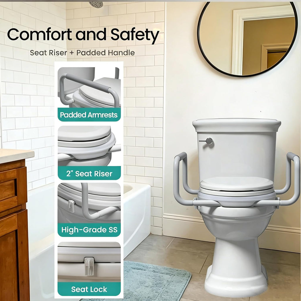 R&T 2' Toilet Seat Riser with Handles – Comfortable Raised Toilet Seat for Seniors, Fits for Elongated Toilets, Elevated Seat with Soft Grey Padded Arms for Bathroom