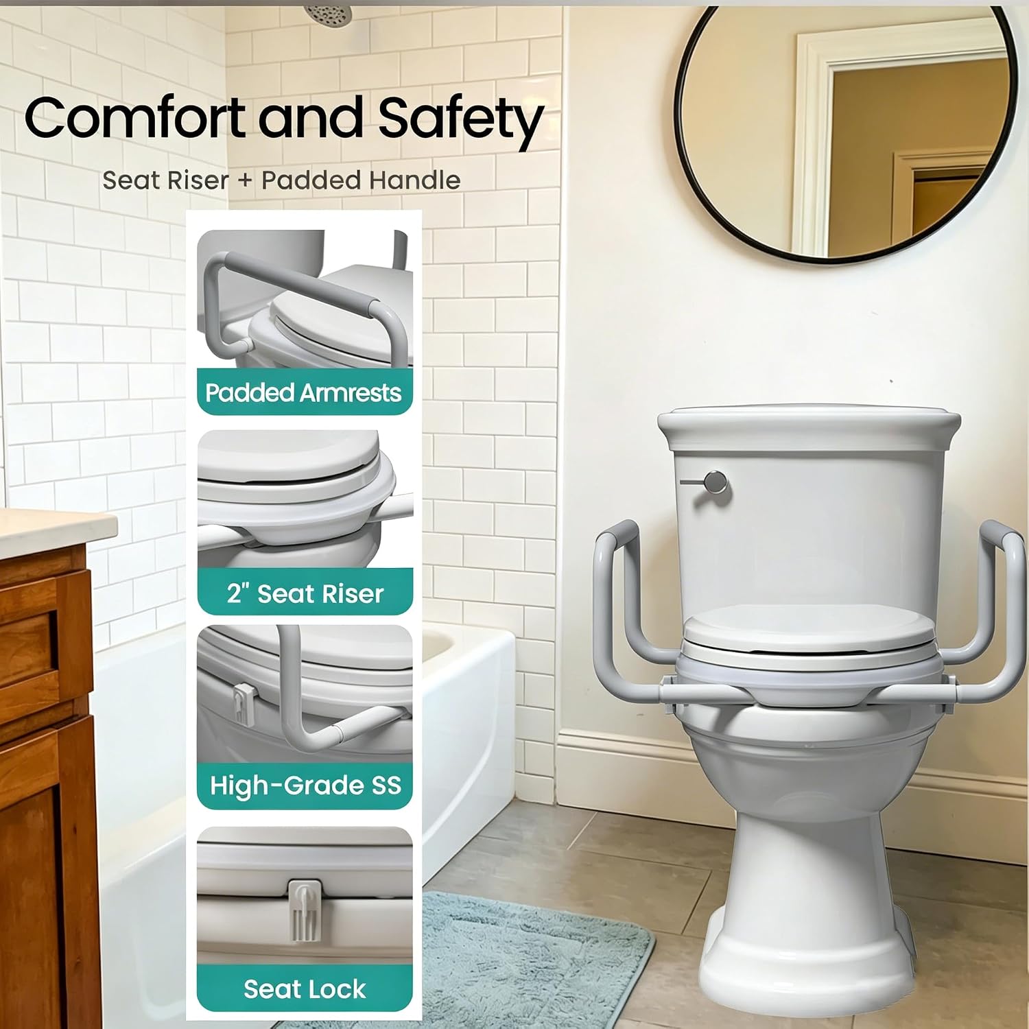 R&T 2' Toilet Seat Riser with Handles – Comfortable Raised Toilet Seat for Seniors, Fits for Elongated Toilets, Elevated Seat with Soft Grey Padded Arms for Bathroom