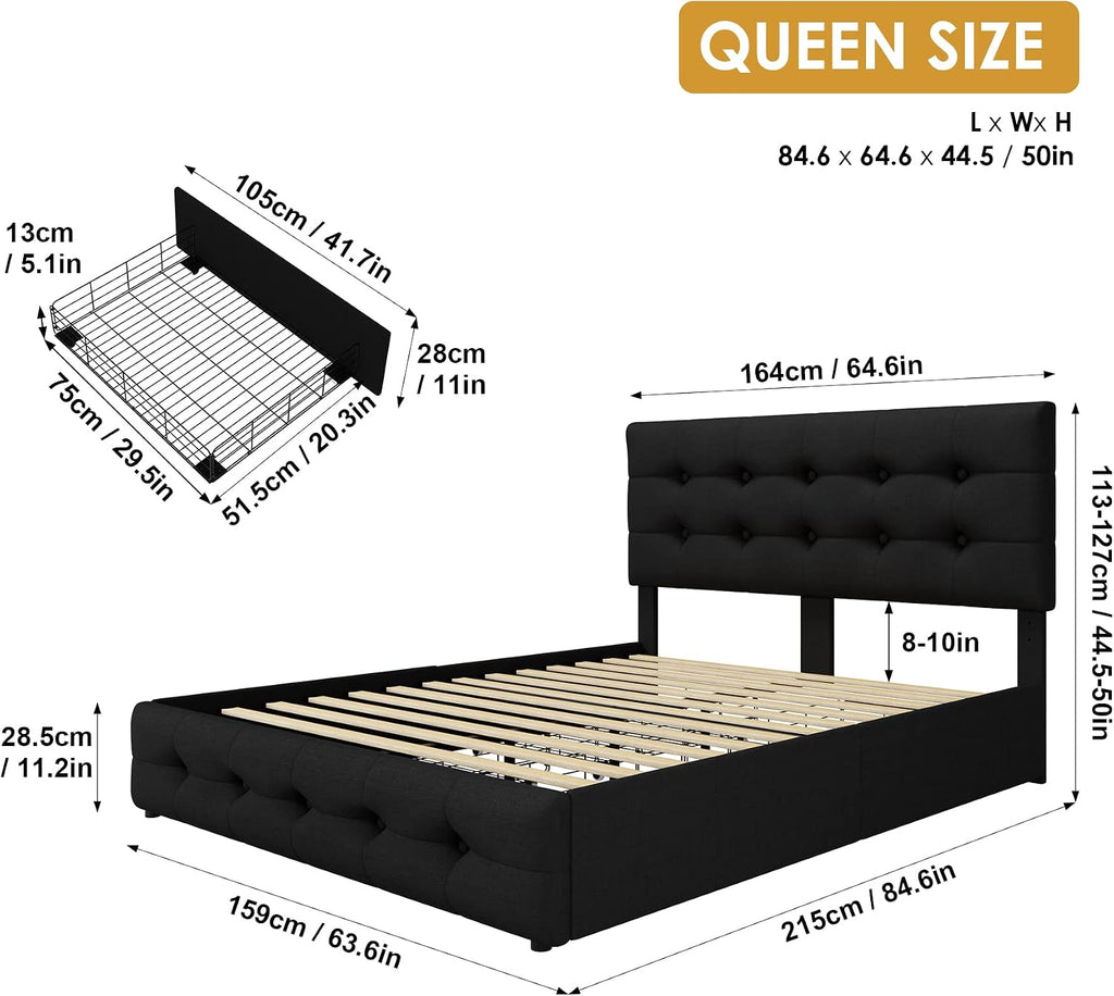 TTVIEW Queen Bed Frame with 4 Storage Drawers and Adjustable Headboard, Upholstered Platform Bed with Button Tufted Design, Strong Wooden Slats Support, No Box Spring Needed, Black