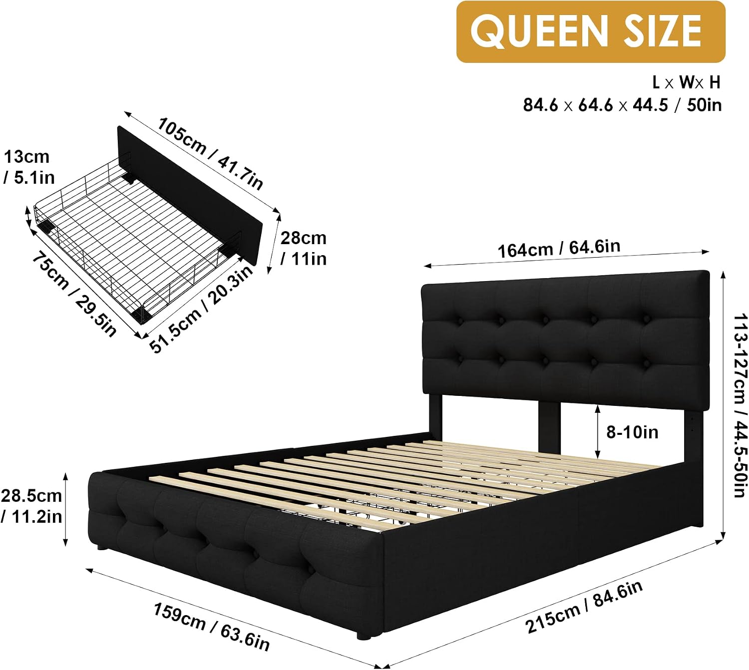 TTVIEW Queen Bed Frame with 4 Storage Drawers and Adjustable Headboard, Upholstered Platform Bed with Button Tufted Design, Strong Wooden Slats Support, No Box Spring Needed, Black