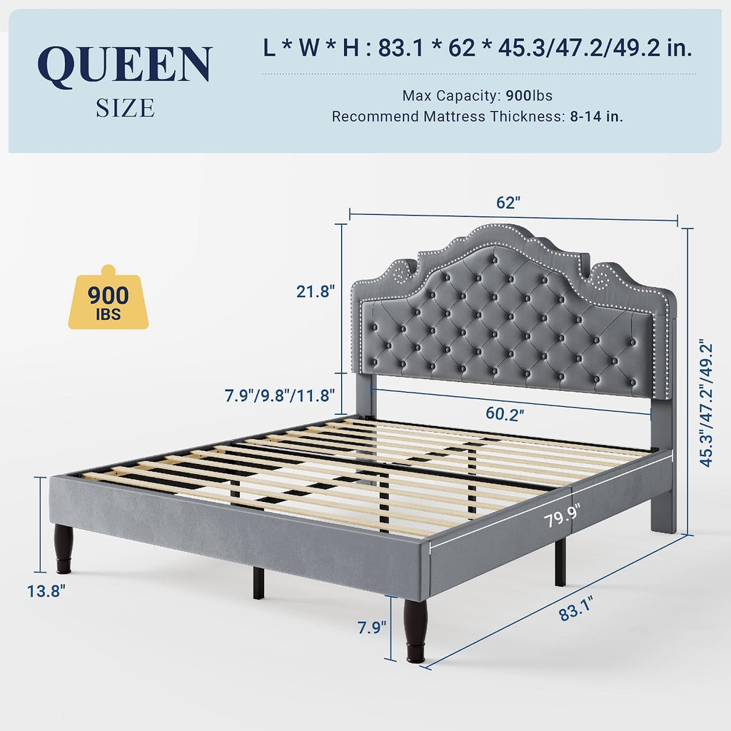 Allewie Queen Size Bed Frame with Adjustable Velvet Tiara Headboard, Upholstered Diamond Button Tufted Platform Bed, Wood Slats Support, No Box Spring Needed, Light Grey