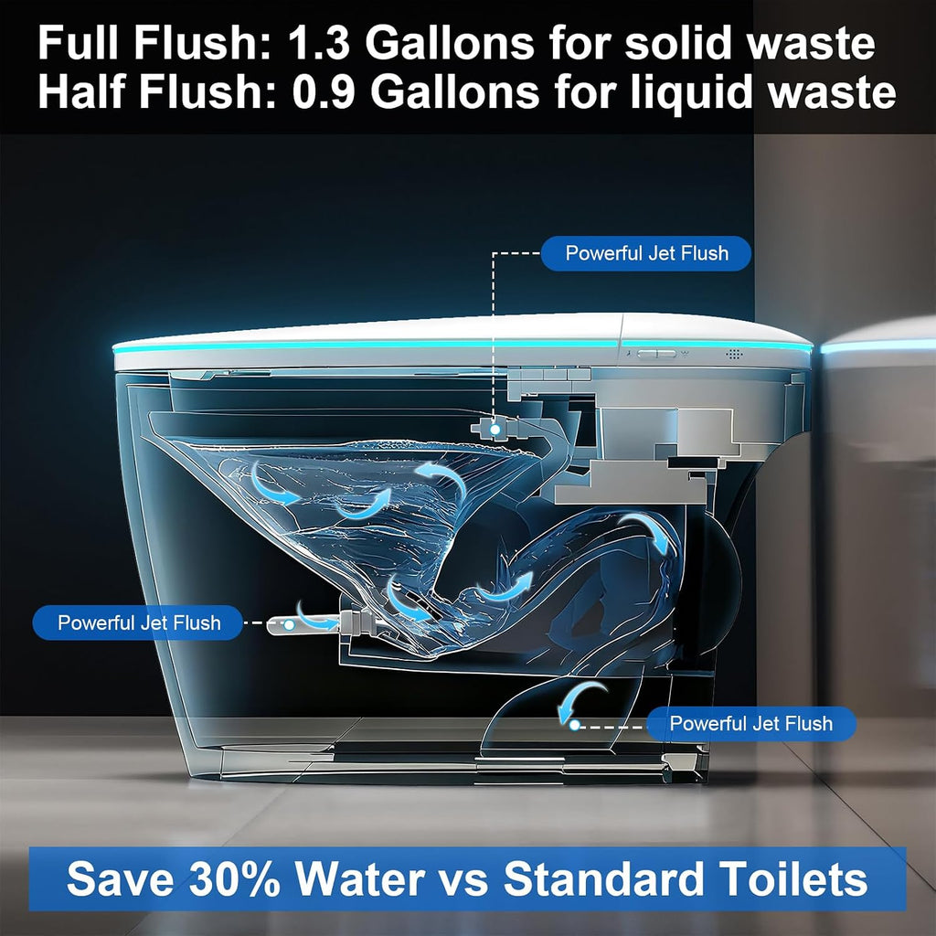 Smart Toilet with Bidet Built-in, Foam Shield Anti-Splash, Auto Open/Close Lid & Flush, Tankless One Piece Elongated Toilets with Heated Seat, Instant Warm Water, Air Dryer, Foot Sensor