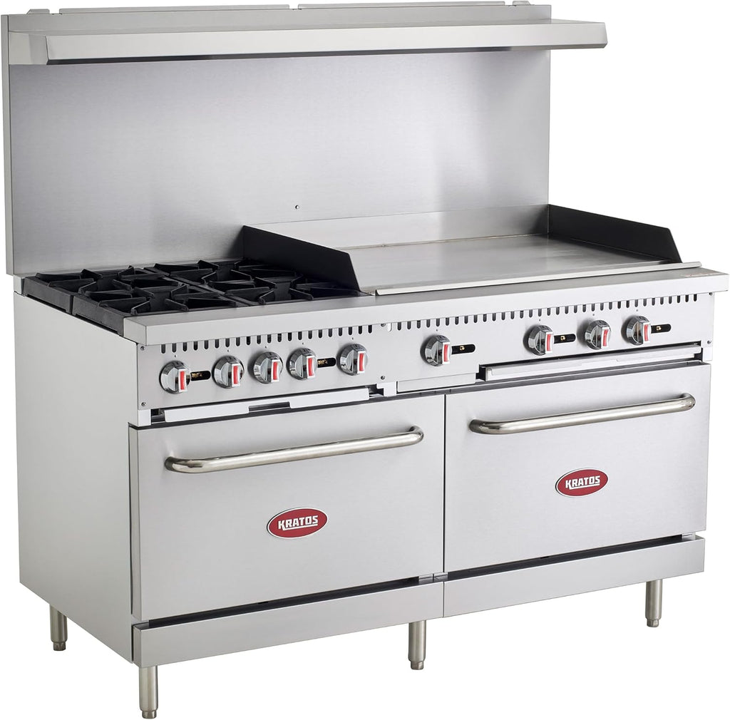 Kratos Commercial Gas Range, 60' Wide with 36' Griddle, 4 Burners, and 2 Standard Ovens, Natural Gas (29Y-171-NAT)