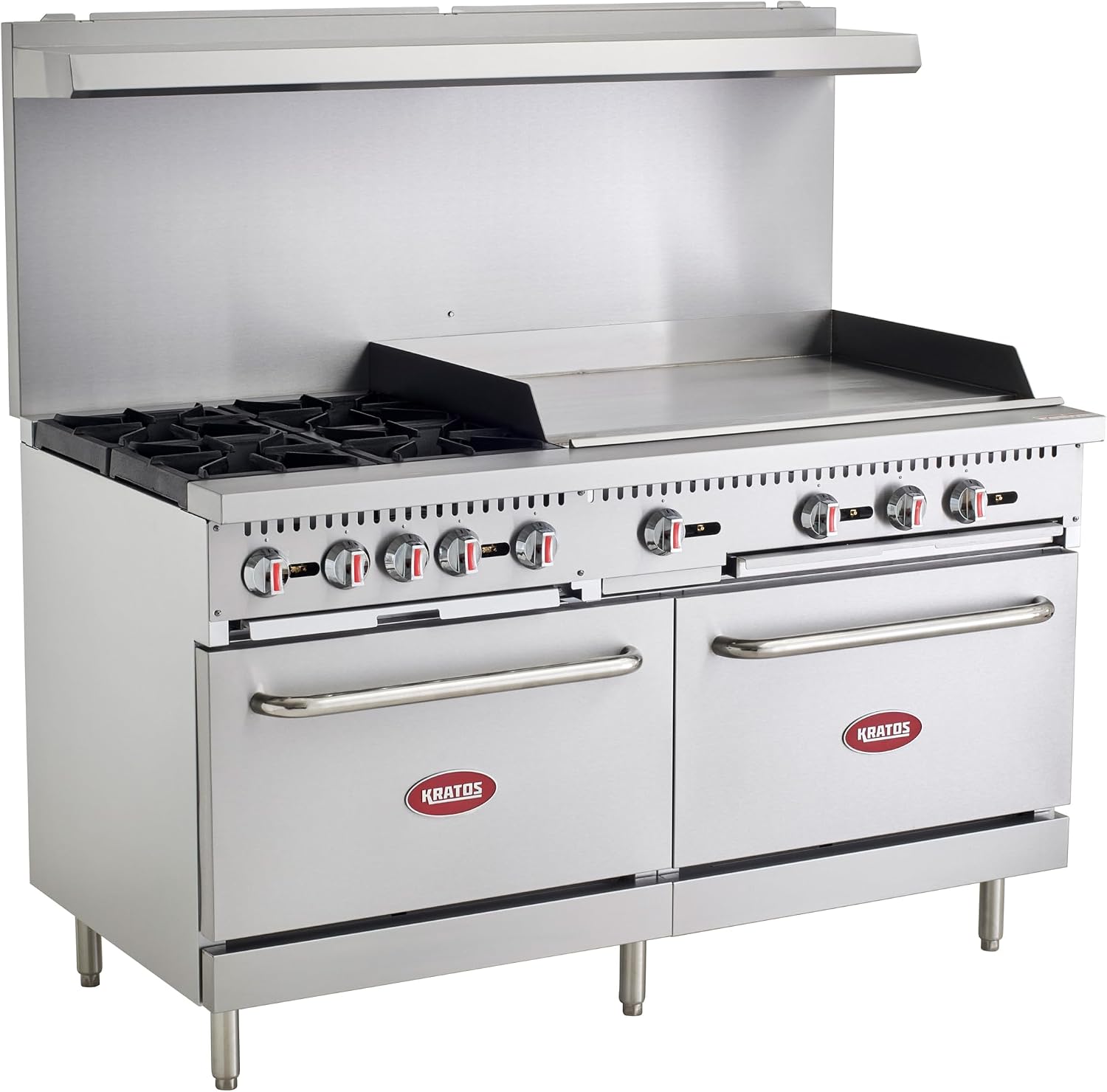 Kratos Commercial Gas Range, 60' Wide with 36' Griddle, 4 Burners, and 2 Standard Ovens, Natural Gas (29Y-171-NAT)