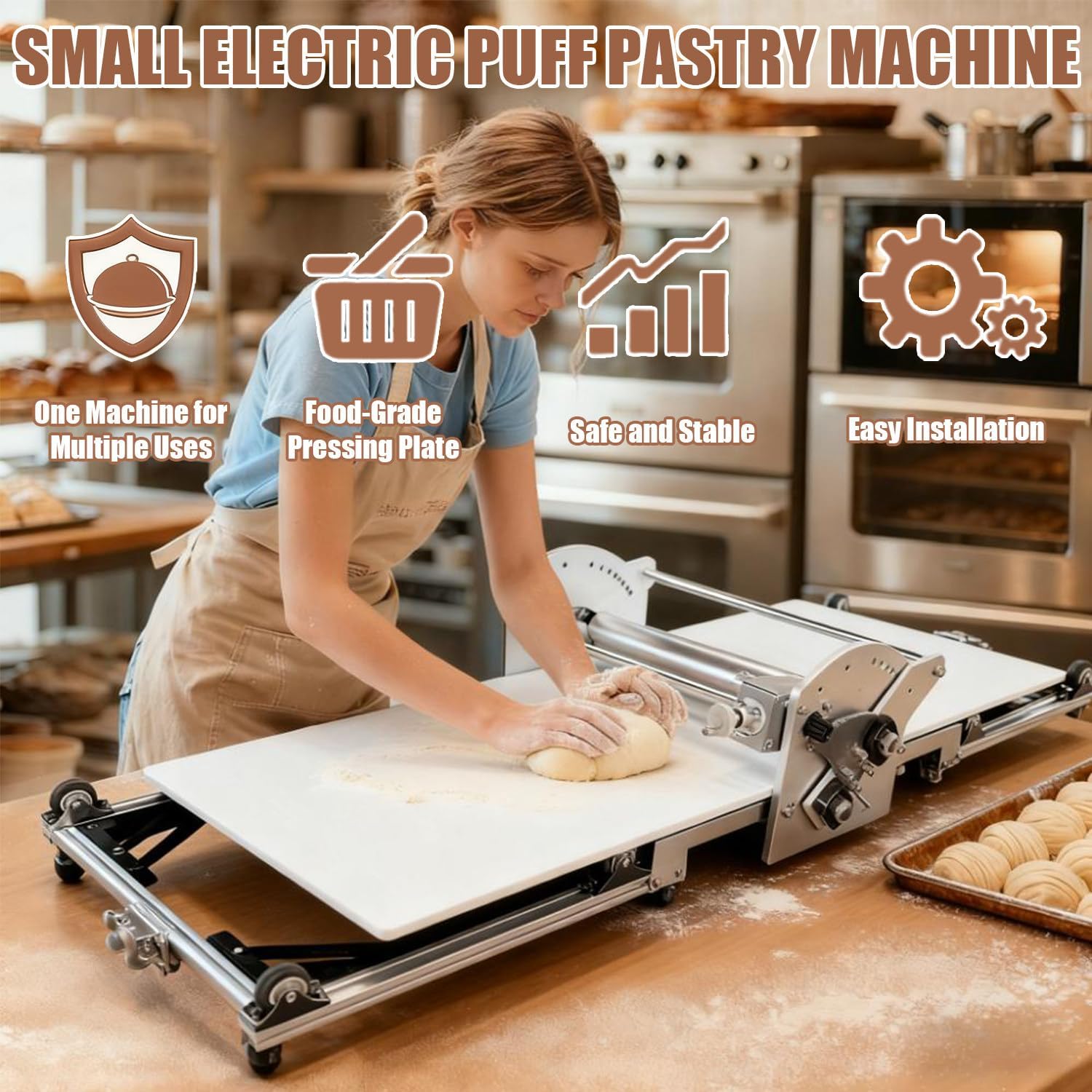 Foldable Dough Sheeter, Electric Pastry Dough Sheeter, Stainless Steel, 2-25 Mm Adjustable Height, 450mm Dough Width, Forward/Reverse Rotation, Stepless Adjustment, For Croissants, Puff Pastry