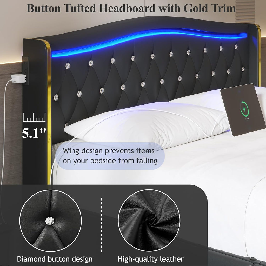 E-Motie Full Size Bed Frame with Wingback Headboard, Upholstered Platform Bed with RGB LED Lights, Charging Station, 4 Storage Drawers & Metal Slat Support, No Box Spring Needed, Black