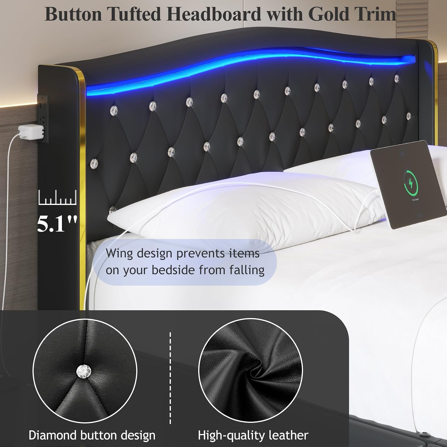 E-Motie Full Size Bed Frame with Wingback Headboard, Upholstered Platform Bed with RGB LED Lights, Charging Station, 4 Storage Drawers & Metal Slat Support, No Box Spring Needed, Black