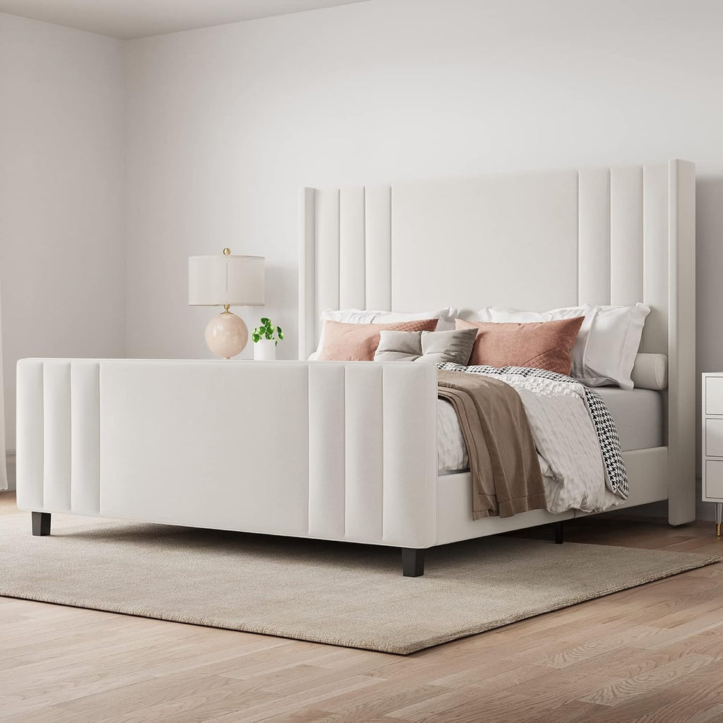 Albott Queen Size Platform Bed Frame, Upholstered Bed with Vertical Channel Tufted Wingback Headboard & Footboard, Premium Velvet, No Box Spring Needed, Cream