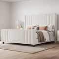 Albott Queen Size Platform Bed Frame, Upholstered Bed with Vertical Channel Tufted Wingback Headboard & Footboard, Premium Velvet, No Box Spring Needed, Cream