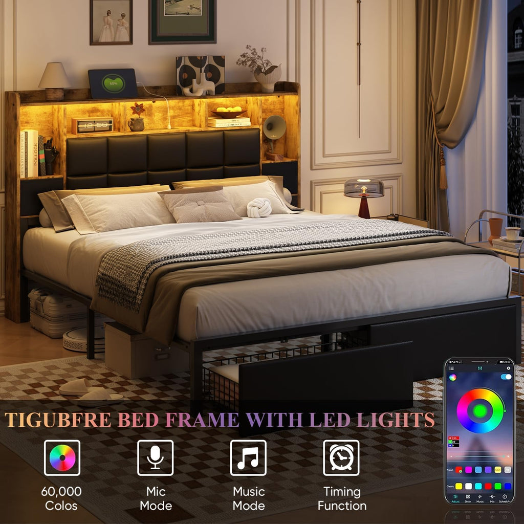 TIGUBFRE LED Bed Frame Full Size with Bookshelf PU Leather Headboard, 2 Hidden Storage Drawers, Upholstered Platform Bed with Charging Station, Metal Slats Support, Noise Free, No Box Spring Needed
