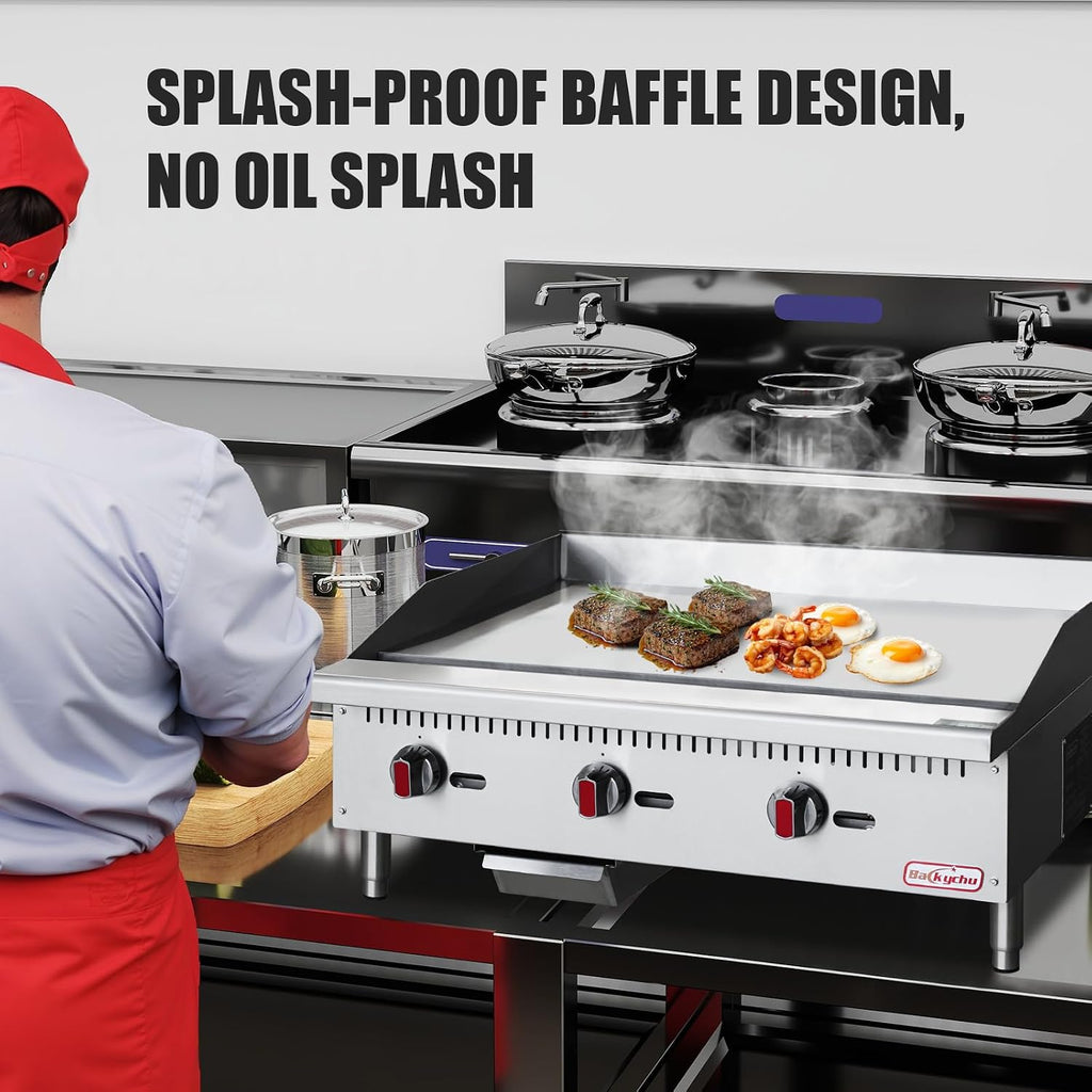 Commercial Gas Griddle - 36' Countertop Griddle. 90,000 BTU Flat Top Griddle, Natural Gas (NG) / Propane, CSA Certified Stainless Steel Teppanyaki Grill for Restaurants