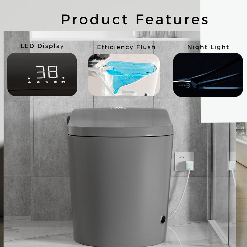 WinZo Elongated Smart Toilet With Bidet Built-in,Auto Open & Flush Auto Soft Close Seat, Hands-Free Foam Shield,Adjusted Heated Seat & Warm Air Dyring Matte Grey