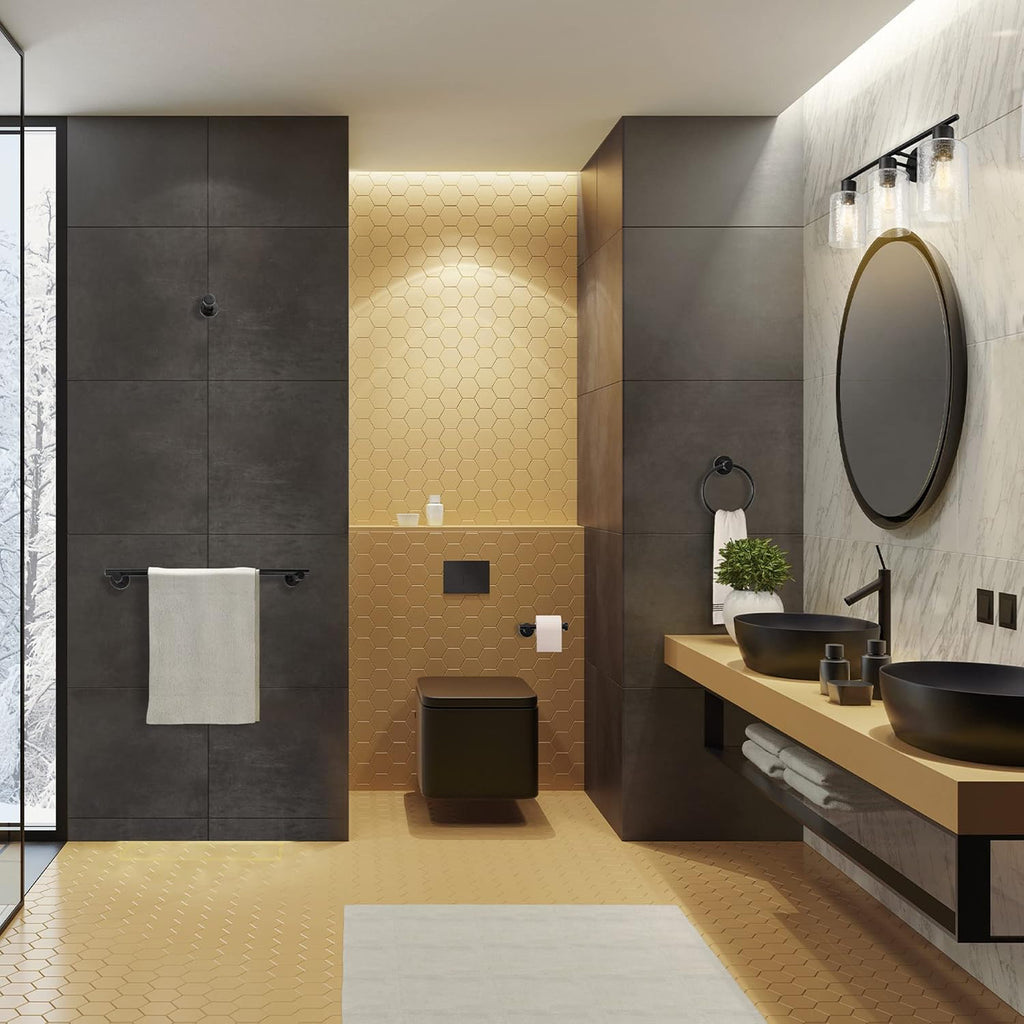 Globe Electric 51851 Bristol 5-Piece All-in-One Bathroom Set, Matte Black, 3-Light Vanity Light with Seeded Glass Shades, Towel Bar, Towel Ring, Robe Hook, Toilet Paper Holder