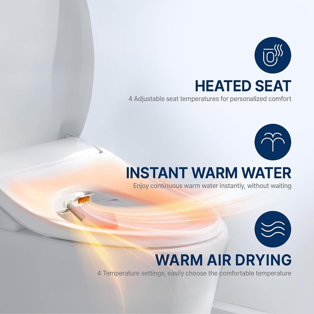 Inus N22 Electric Heated Bidet Toilet Seat Elongated, Warm Water, Smart Heated Water Luxury Bidet Toilet Seat with Kids Mode, Air Dryer, Self Cleaning, Tankless, Smart Touch Panel & Temp Control