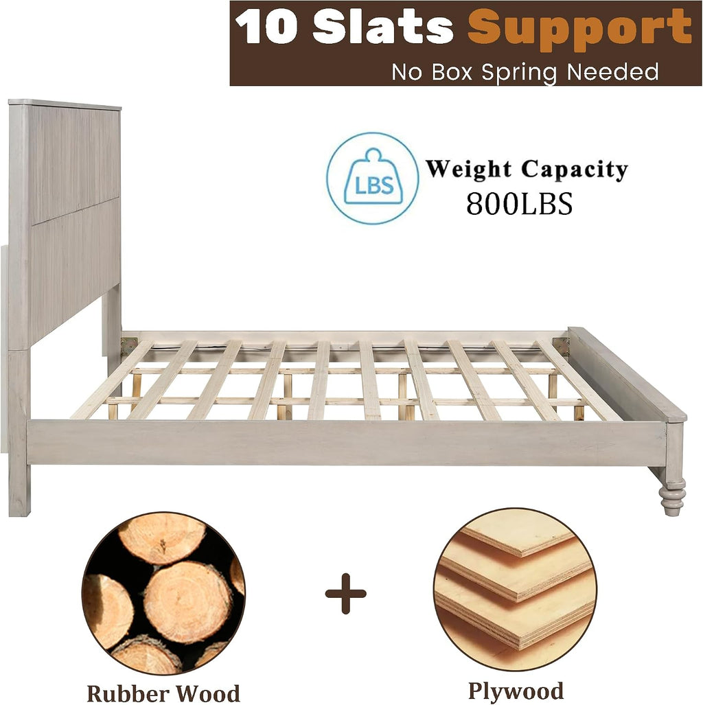 Mirightone King Size Platform Bed with Tall Headboard & Footboard,Rubber Wood King Bed Frame with Wood Panel Bed Base, Solid Wood Legs,No Squeak, No Box Spring Needed, Beige