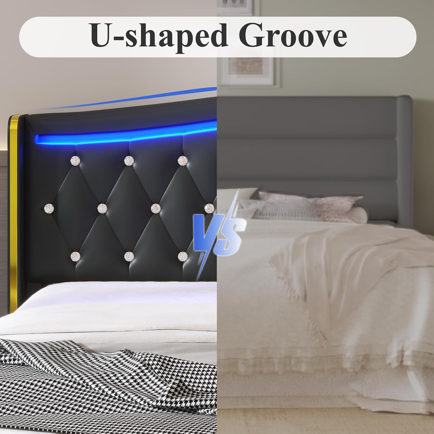E-Motie Queen Bed Frame with Wingback Headboard, Upholstered Platform Bed with RGB LED Lights, Charging Station, 4 Storage Drawers & Metal Slat Support, No Box Spring Needed, Black