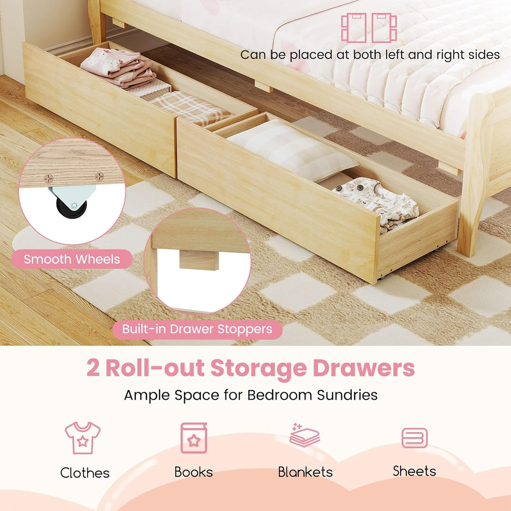 KOMFOTT 2 Twin Bed with 2 Drawers, Twin Storage Bed with Headboard for Bedroom, Sleigh Wood Bed Frame with Wooden Slats Support for Kids, Teens, Adults, No Box Spring Needed (Natural)